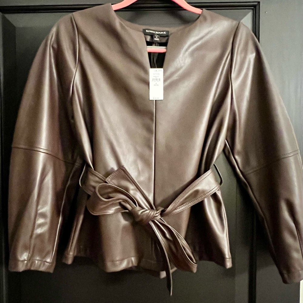 Banana Republic Faux Brown Leather Top with Tie Peplum Waist